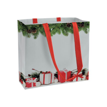 Shopper in TNT laminato con stampa a tema, manici lunghi e soffietto