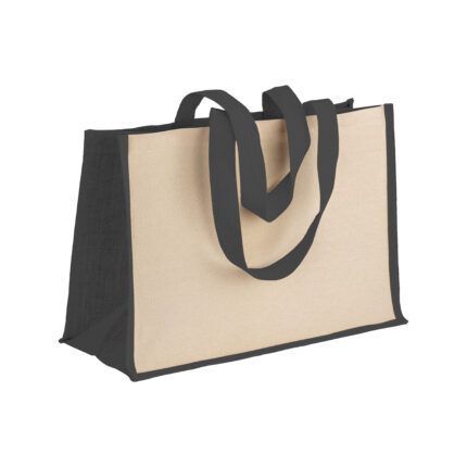 Shopper in cotone 280 g/m2 con soffietto dettagli in juta, manici lunghi