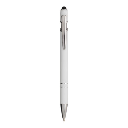 Penna a scatto in alluminio gommato con gommino per touch screen e clip in metallo