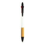 Penna a scatto in plastica con 3 refill, con gommino per touch screen, impugnatura in bamb