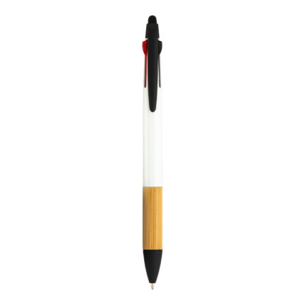 Penna a scatto in plastica con 3 refill, con gommino per touch screen, impugnatura in bamb