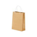 Sacchetto in carta naturale riciclata da 150 g/m2, con soffietto e manici corti colorati