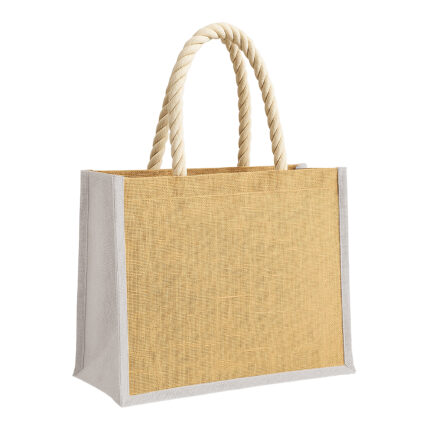 Borsa in juta con manici lunghi in corda e inserti colorati. Con soffietto