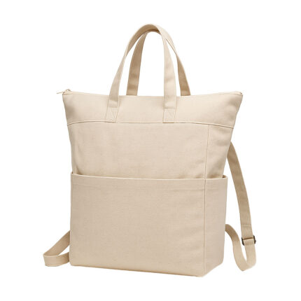 Zainetto cotone 340 g/m2. Manici corti e due tasche laterali porta bottiglie