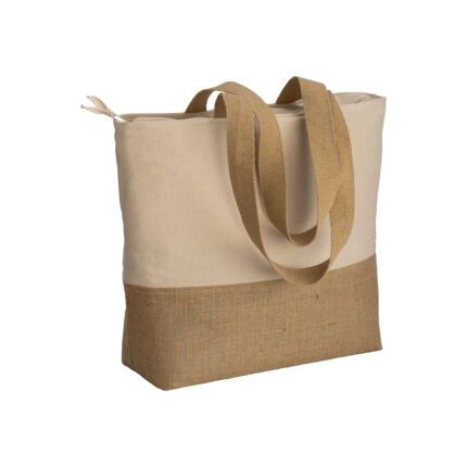 Shopper  in cotone 280 g/m2 con soffietto, con base in juta, manici lunghi