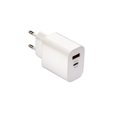 Caricabatterie USB in ABS con 1 porta USB A e 1 porta USB-C. spina europea a 2 poli