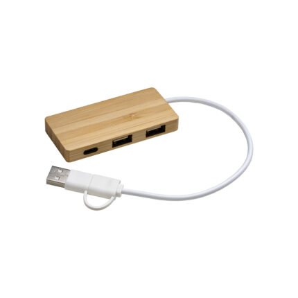 Hub  USB in bambù con 2 porte USB A e una porta type C, cavo integrato USB A e USB C
