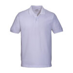 Polo unisex bianca in cotone e poliestere rigenerati da 200 g/m2