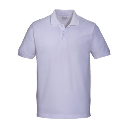 Polo unisex bianca in cotone e poliestere rigenerati da 200 g/m2